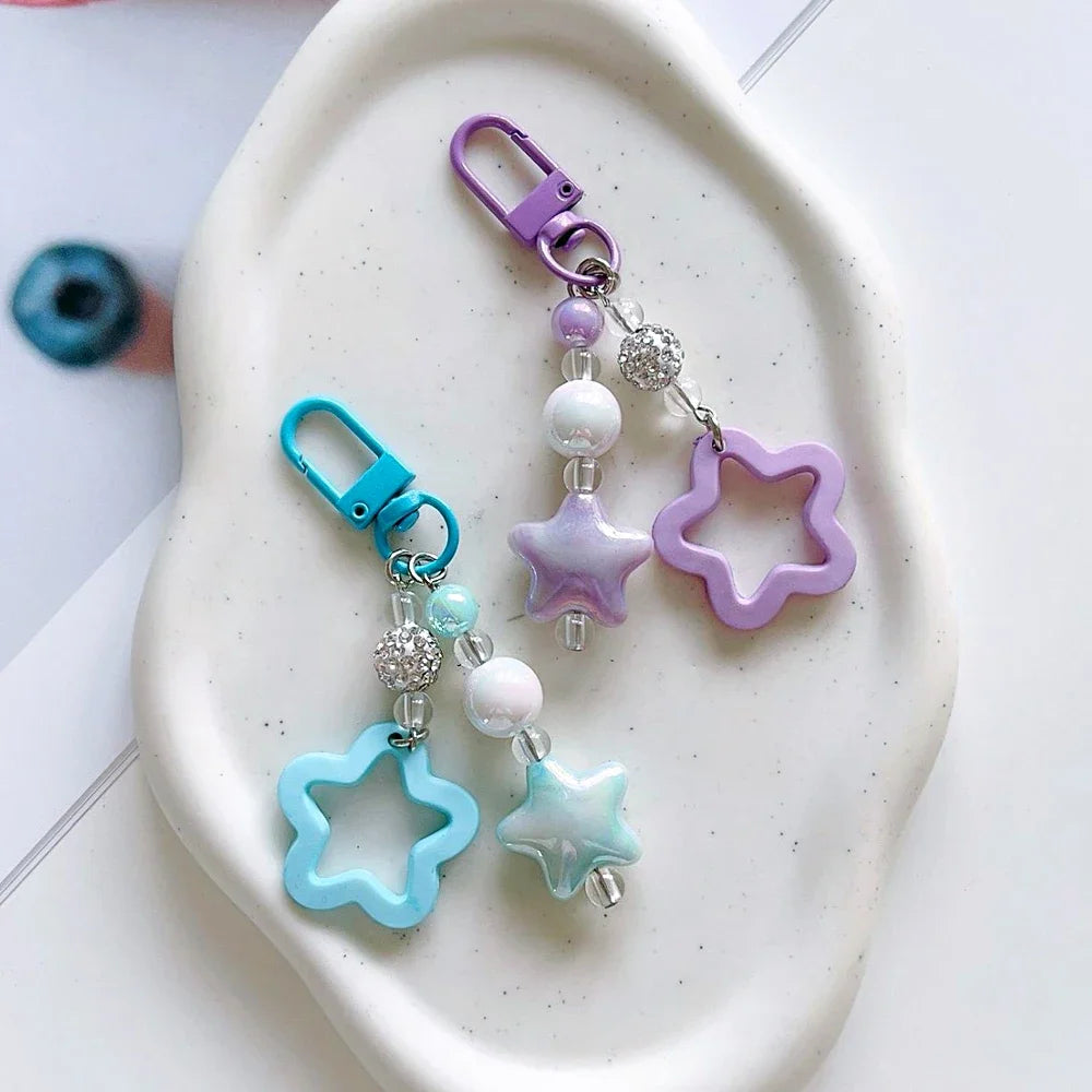 Gradient Color Star Beaded Keychain Imitation Pearl Acrylic Hollow Pentagram Keyring Girls Earphone Case Phone Decor Ornaments