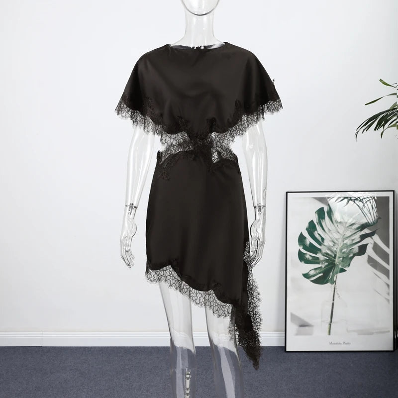 Lace Women's Dress Opening Design Solid Dress Female Sexy O-Neck Hollow Waist Elegant Party Dresses Slanted Hem Dresses Ladies