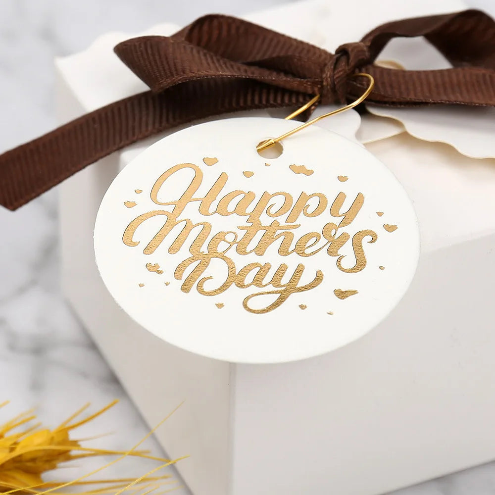 50pcs Happy Mother's Day Gift Tags Bronzing White Paper Cards Mother Mum Mommy Gifts Bags Boxes Decoration Product Hang Tag