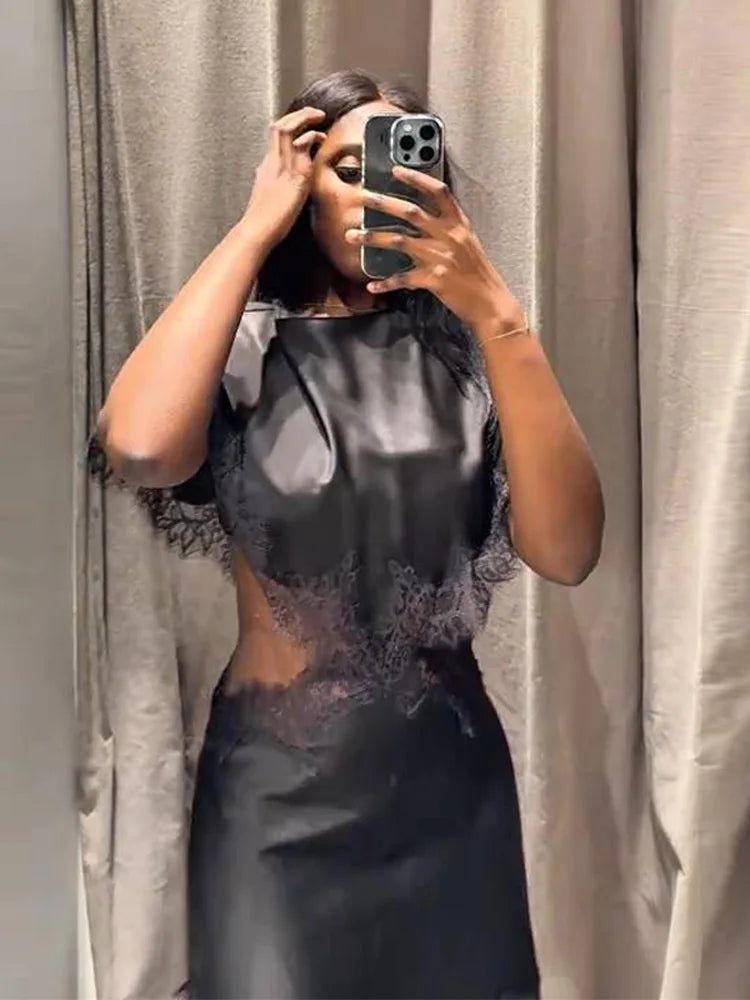 Lace Women's Dress Opening Design Solid Dress Female Sexy O-Neck Hollow Waist Elegant Party Dresses Slanted Hem Dresses Ladies