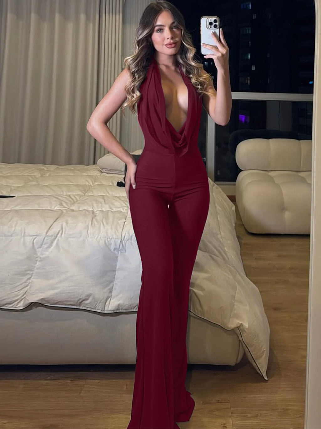 Dulzura Summer Solid Sexy Halter Swinging Collar Backless Slim Lace Up Flared Jumpsuit