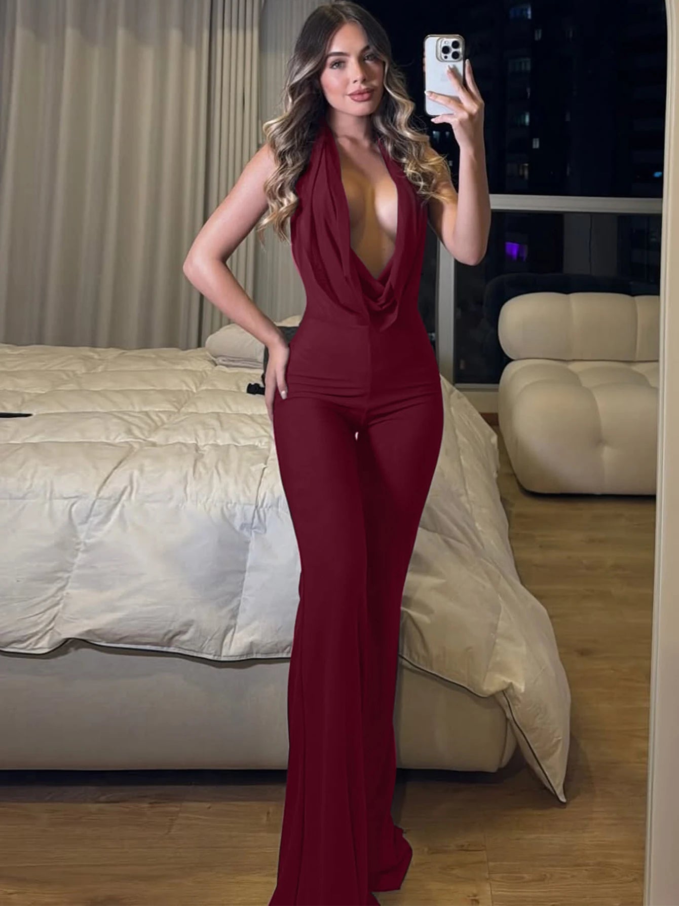 Dulzura Summer Solid Sexy Halter Swinging Collar Backless Slim Lace Up Flared Jumpsuit