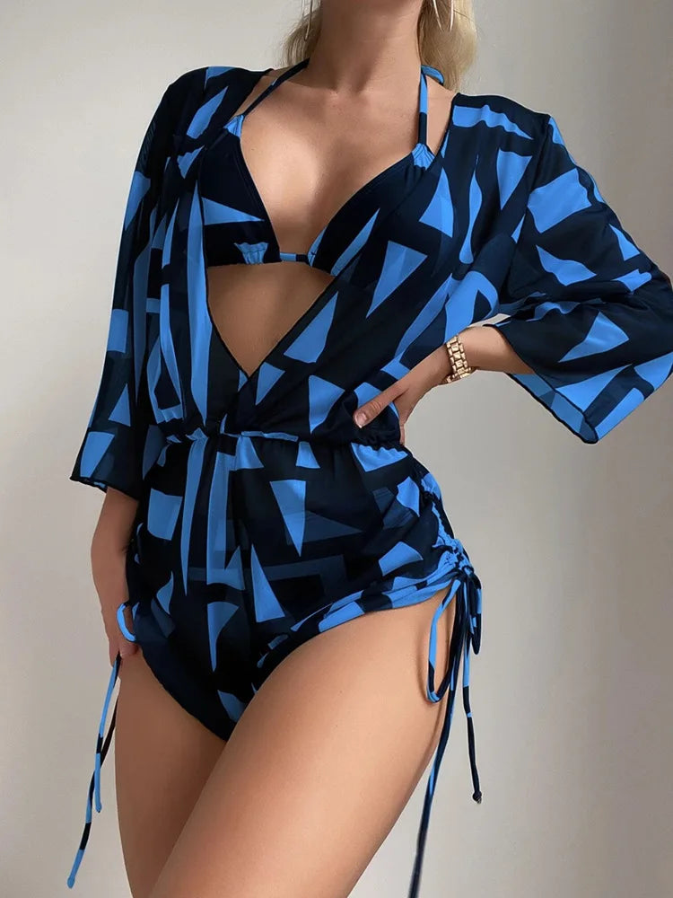 New 3 Piece Bikini Set Plus Size Swimsuit Women Long Sleeve Cover Up Print Halter Swimwear Beach Wear Sexy Bathing Suit 3XL