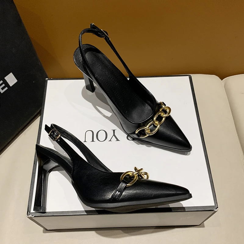 Summer Women Sandals Elegant Versatile Women High Heels Party Wedding Fashion Point-toe Ladies Causal Dresses Shoes Metal Chain