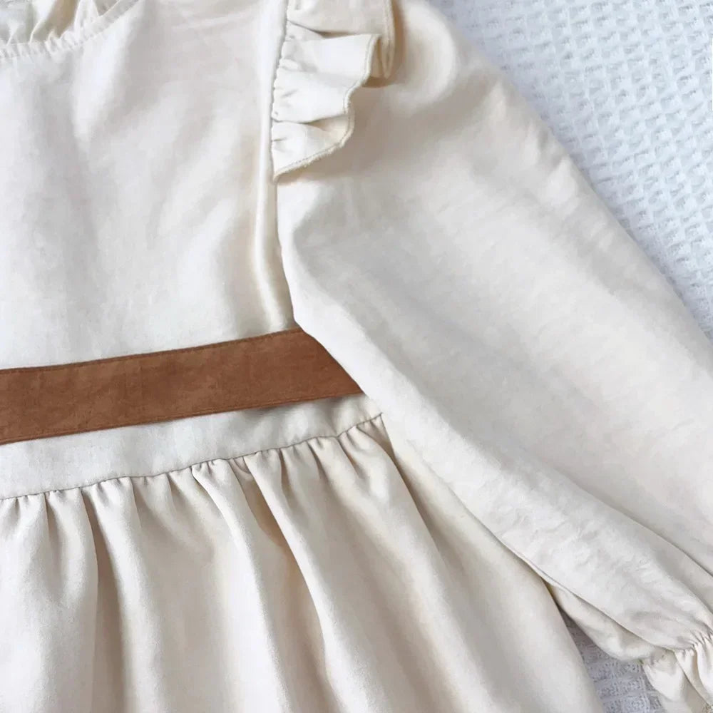Autumn Plain Long Sleeved Stand Collar Tied Dress Solid Color Kids Dresses for Girls Daily Casual Clothes 3-7 Years Old