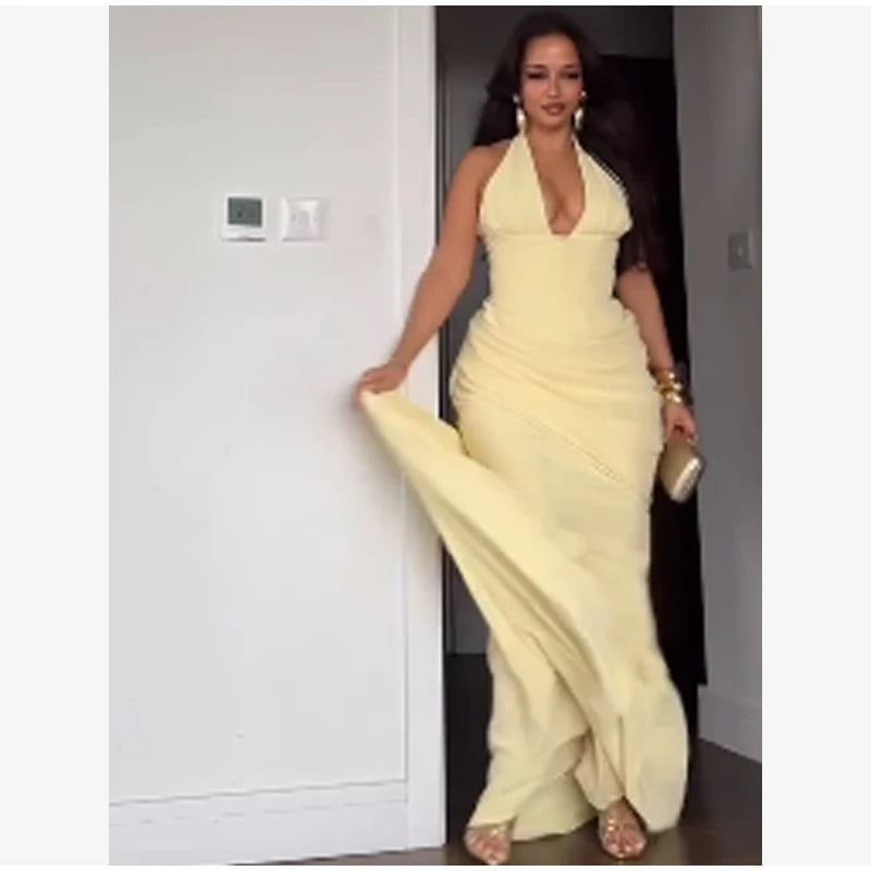 Sexy Yellow Mermaid Maxi Dress Halter Plunging V Neck Pleated Bust Ruched Waist Bodycon Dresses Trendy Social Gathering Vestido