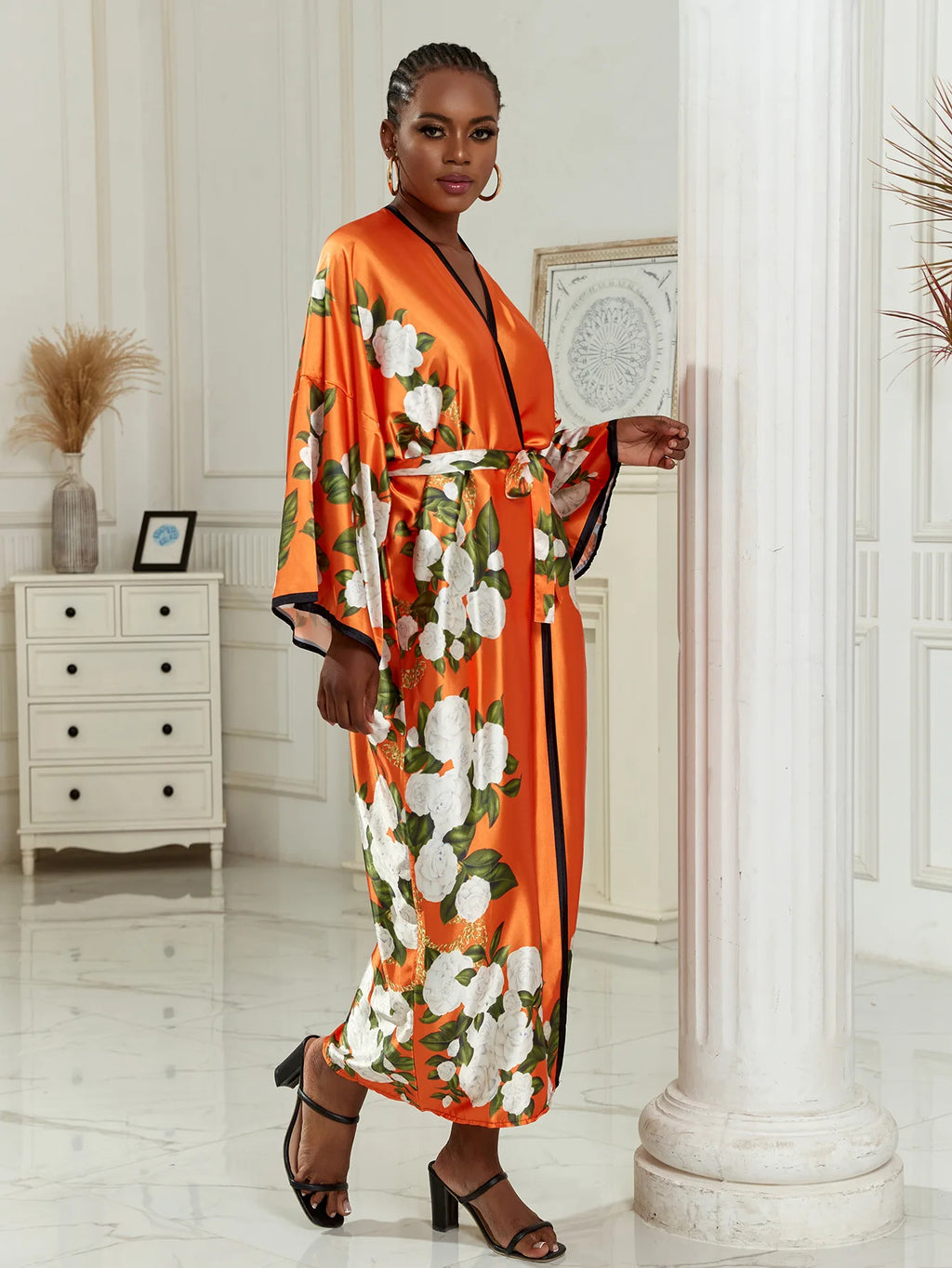 Long Kimono Bath Robe Gown Wide Sleeve Print Flower Robe Women Satin Nightgown New Silk Satin Nightdress V-Neck Lounge Sleepwear