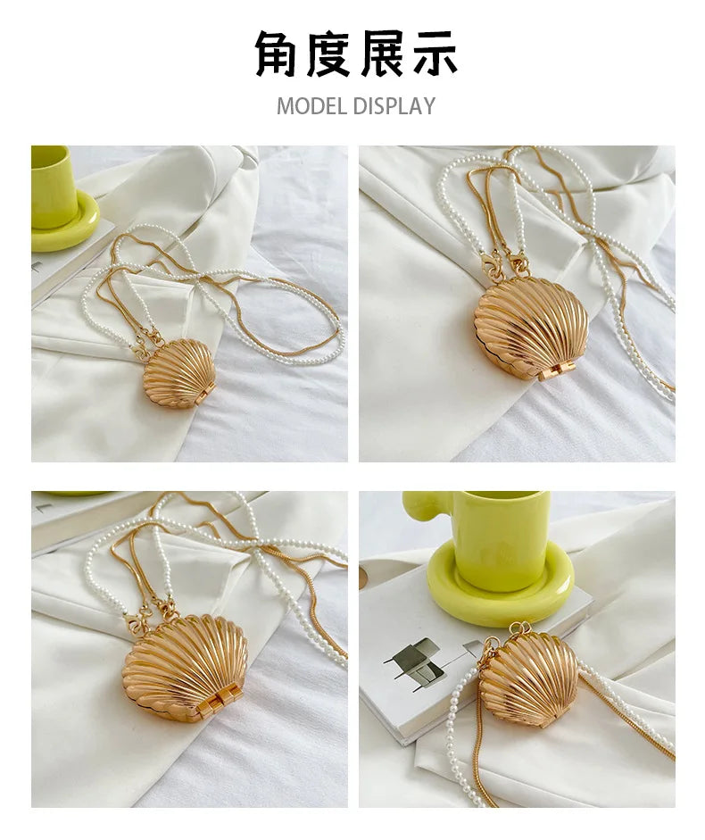 2026 New Summer Lipstick Bags for Women Fashion Pearl Mini Purse Crossbody Bag High Quality Gold Shell Bag Designer Shoulder Bag