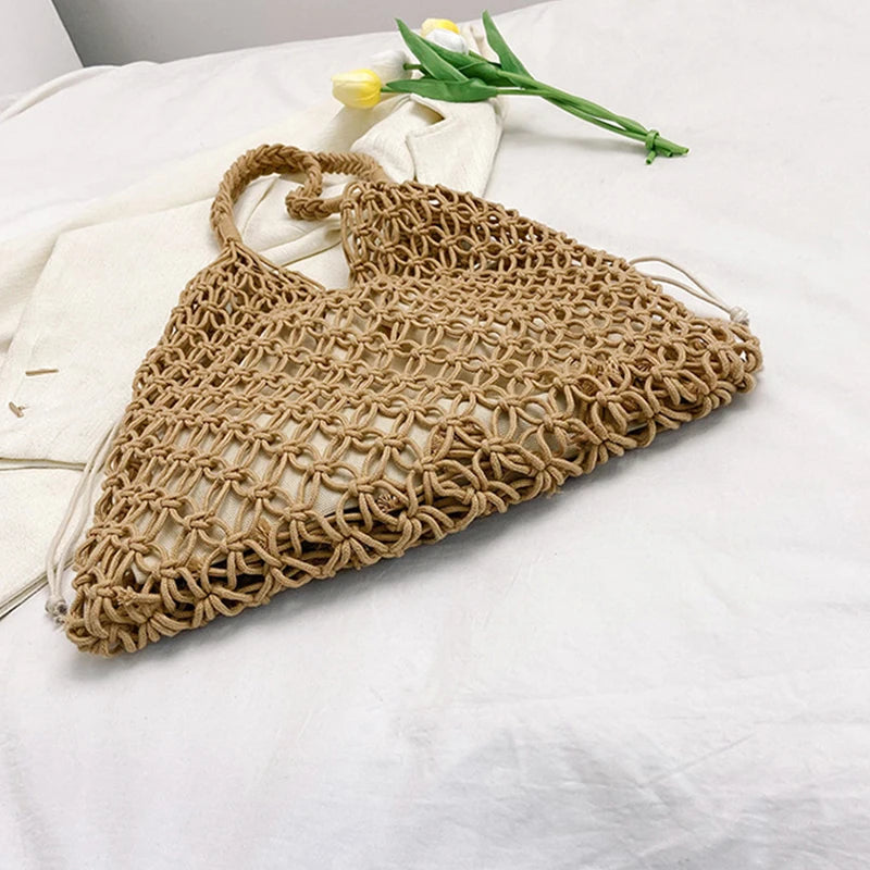 Summer Woven Bag for Women Handbags Handmade Knitted Beach Boho Shoulder Bag Large Tote Bag Hollow Out Shopping Bag