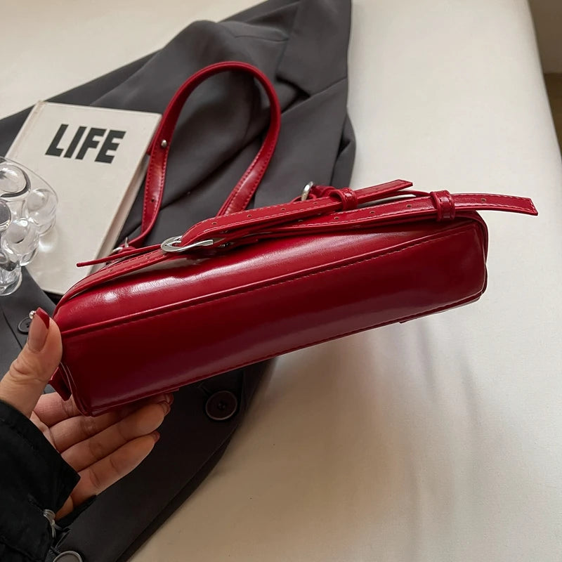 LEFTSIDE Belt Design Small PU Leather Shoulder Bags for Women 2025 Y2K Korean Fashion Crossbody Bag Lady Red Handbags and Purses
