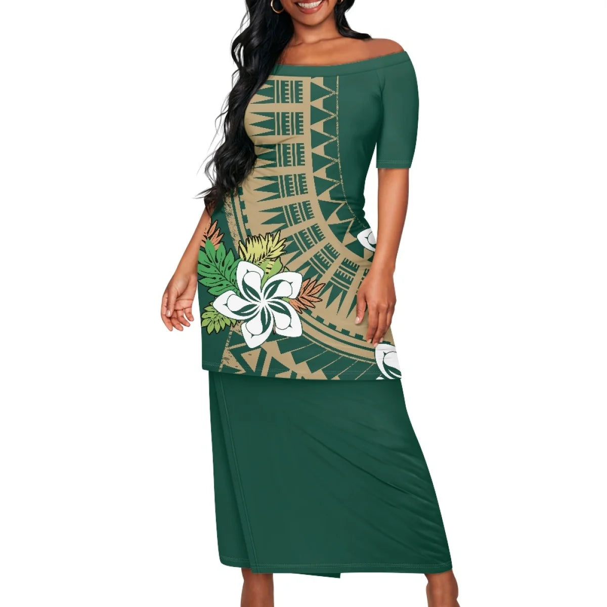 Summer Islander Women Puletasi Samoa Dresses Lady Short Sleeve Off shoulder Two Piece Set Polynesian Tribal Clothing White Print