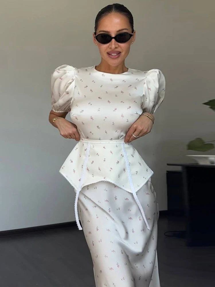 Women's White Floral Print Puff Sleeve Dress With Waistband Fashion Satin Ruffled Hem Maxi Dress