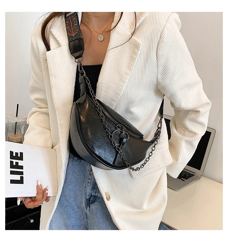 Fashion Saddle Waist Bag Fanny pack Luxury Leather Female Belt Bags Chain Handbag Purse Woman Retro Shoulder Crossbody Chest Bag