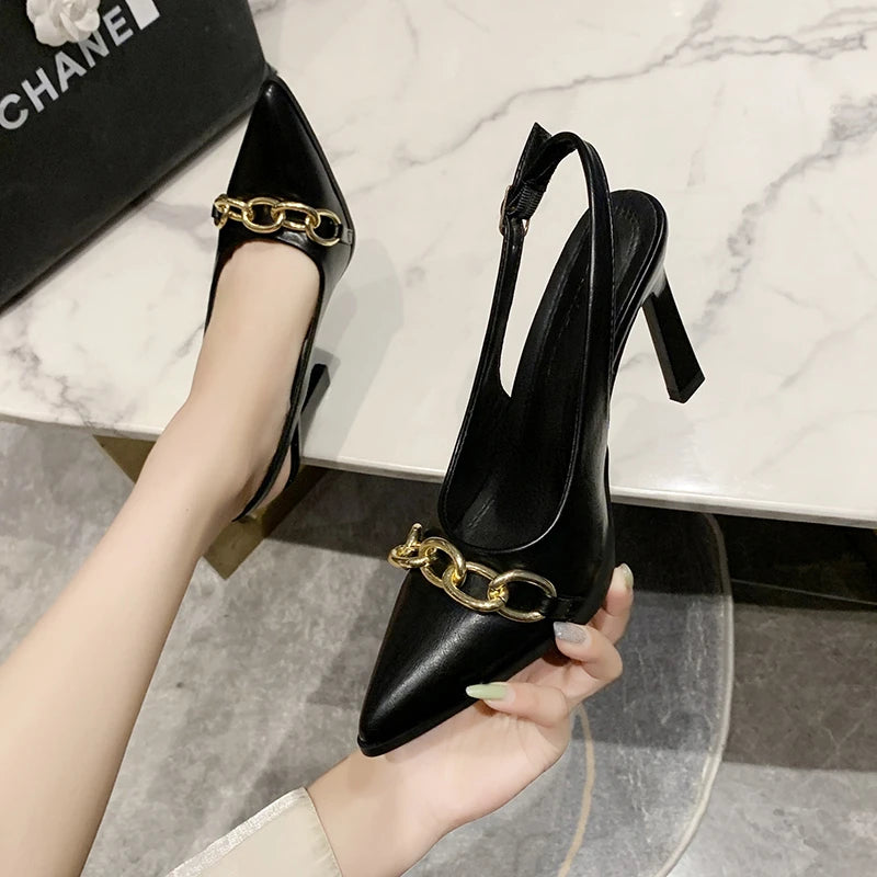 Summer Women Sandals Elegant Versatile Women High Heels Party Wedding Fashion Point-toe Ladies Causal Dresses Shoes Metal Chain