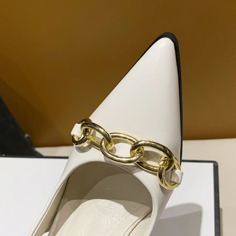 Summer Women Sandals Elegant Versatile Women High Heels Party Wedding Fashion Point-toe Ladies Causal Dresses Shoes Metal Chain
