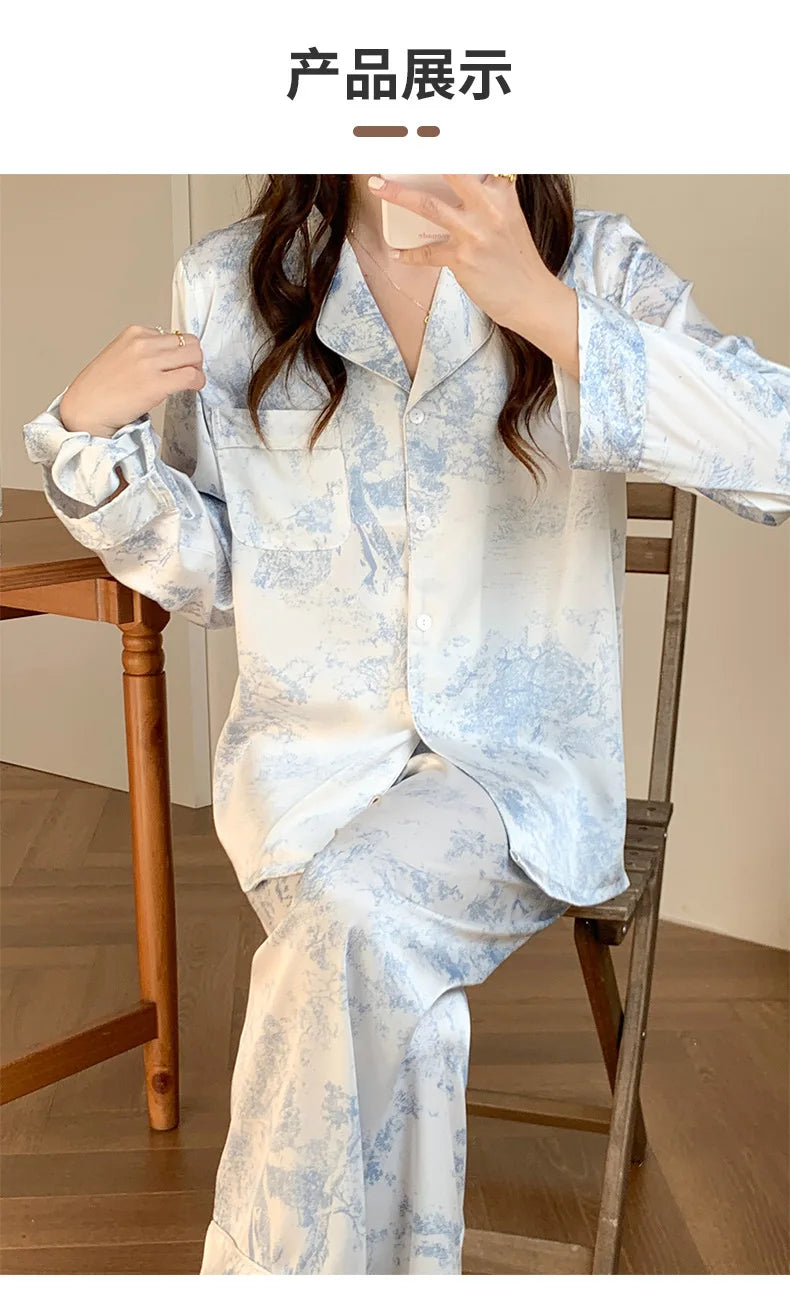 Women Sleepwear 2PCS Pajamas Set Sexy Print Flower Long Sleeve Trouser Suits Loungewear Loose Casual Satin Home Clothes Pyjama