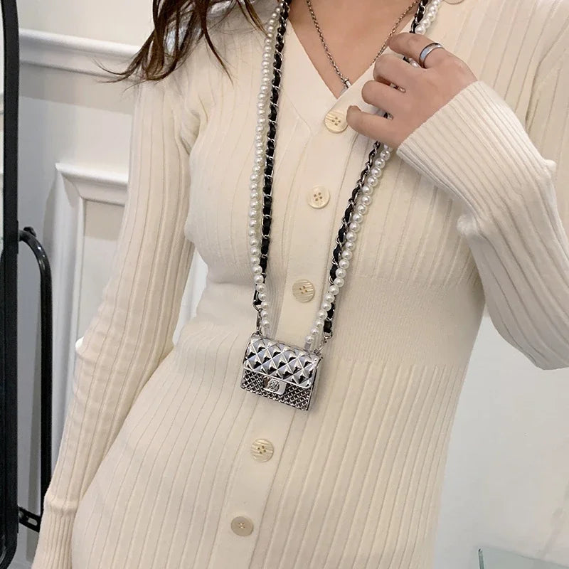 Mini Metal Shoulder Bags for Women Pearl Chain Crossbody Bag Designer Clothing Accessories Satchel Female Decorative Box Handbag