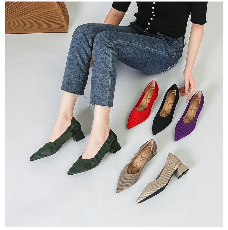 New Women's High Heels Large 42/43 Fashion Pointed Anti slip Rubber Bottom Knitted Breathable Shoes