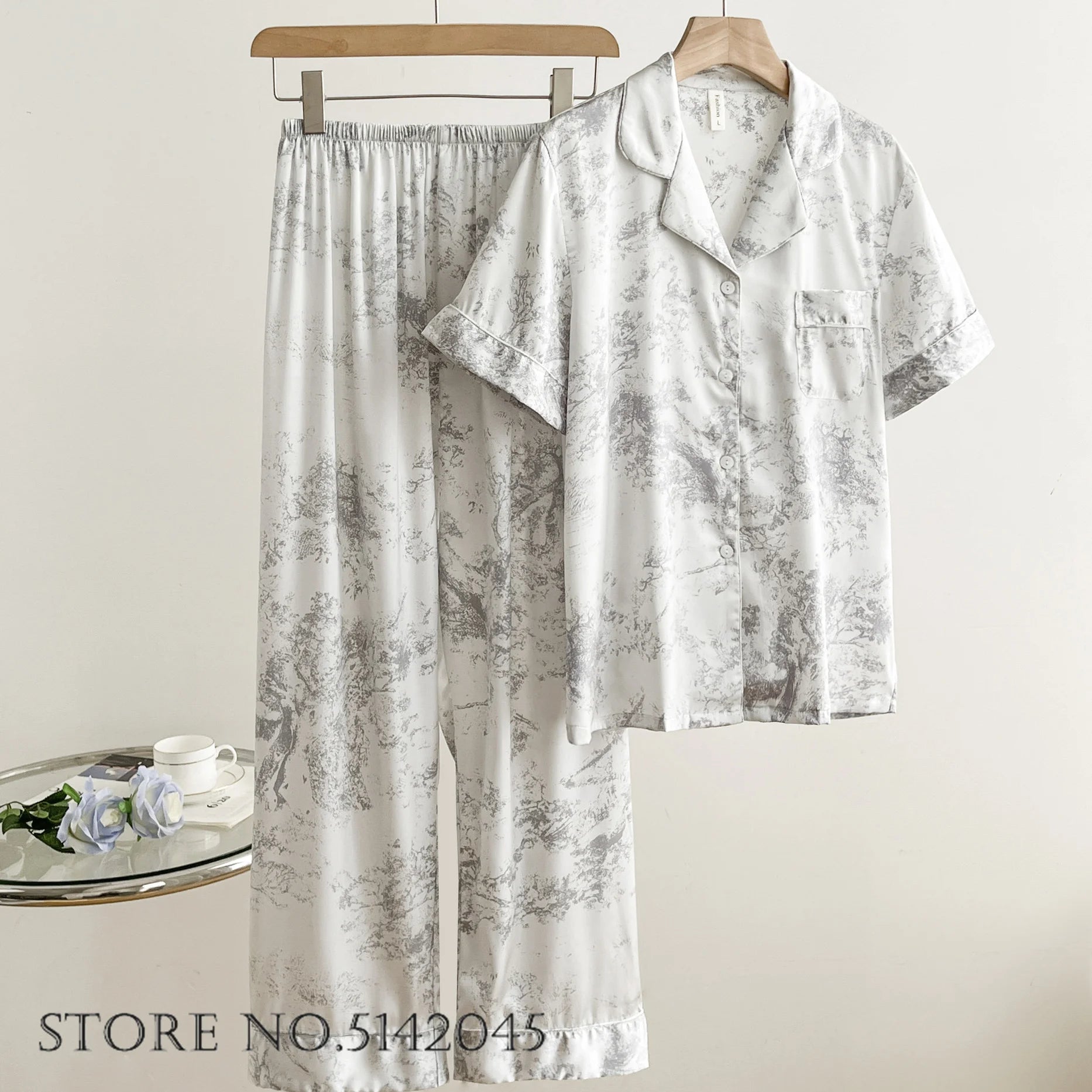 Women Sleepwear 2PCS Pajamas Set Sexy Print Flower Long Sleeve Trouser Suits Loungewear Loose Casual Satin Home Clothes Pyjama