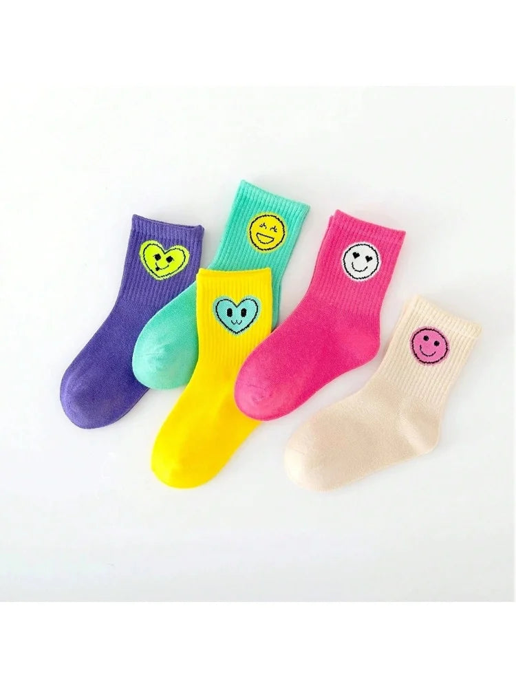 5 Pairs of New Four-Season Children's Socks with Smiley Face Expressions for Boys and Girls, Mid-Calf and High-Calf Socks