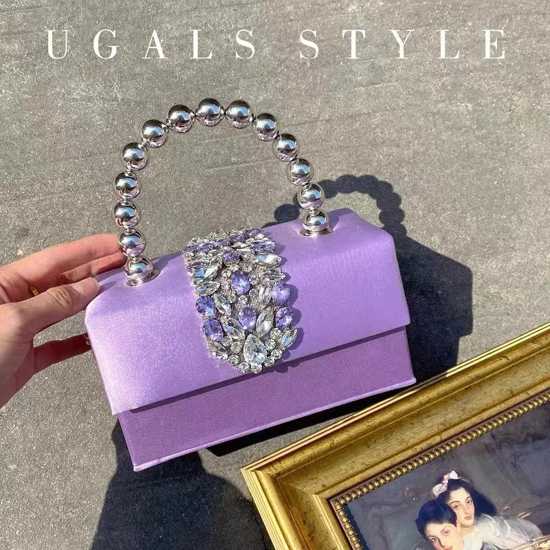 Luxury Designer Satin Square Box Crystal Shiny Diamonds Evening Bag Women's Handbag Wedding Party Clutch Purse Crossbody Bag