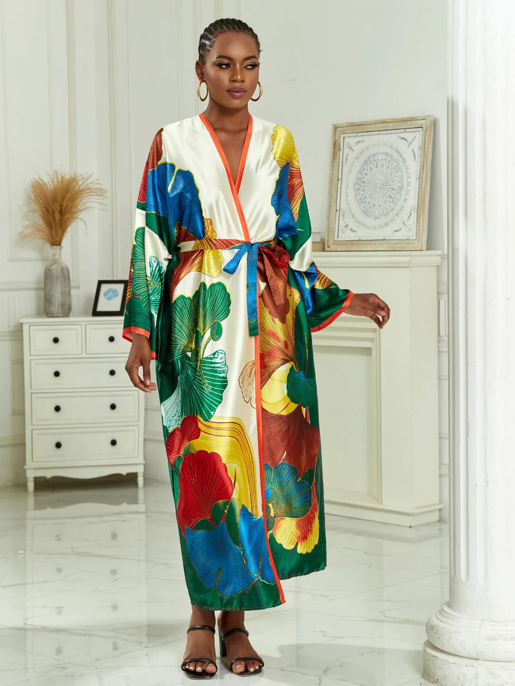 Long Kimono Bath Robe Gown Wide Sleeve Print Flower Robe Women Satin Nightgown New Silk Satin Nightdress V-Neck Lounge Sleepwear