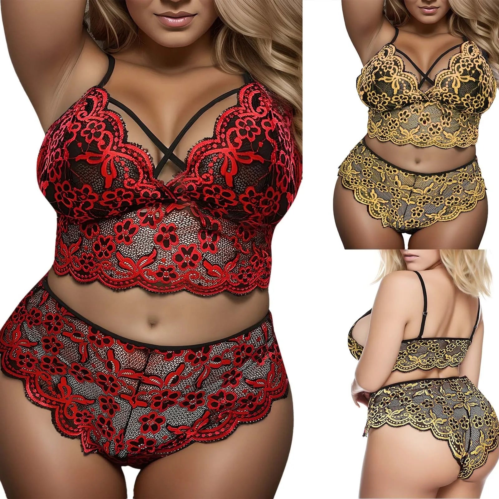 Women Plus Size Fashion Two Piece Sexy Lingerie Erotic Set Lace Sleepwear