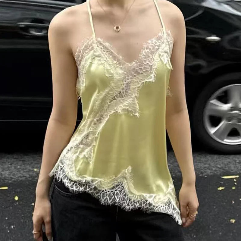 HXAO Y2K Asymmetrical Slip Lace Top Women Sexy Tanks & Camis Satin Off Shoulder Sleeveless Backless Tops Street Style Camisoles