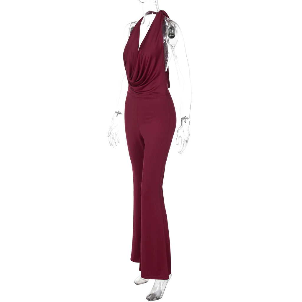 Dulzura Summer Solid Sexy Halter Swinging Collar Backless Slim Lace Up Flared Jumpsuit
