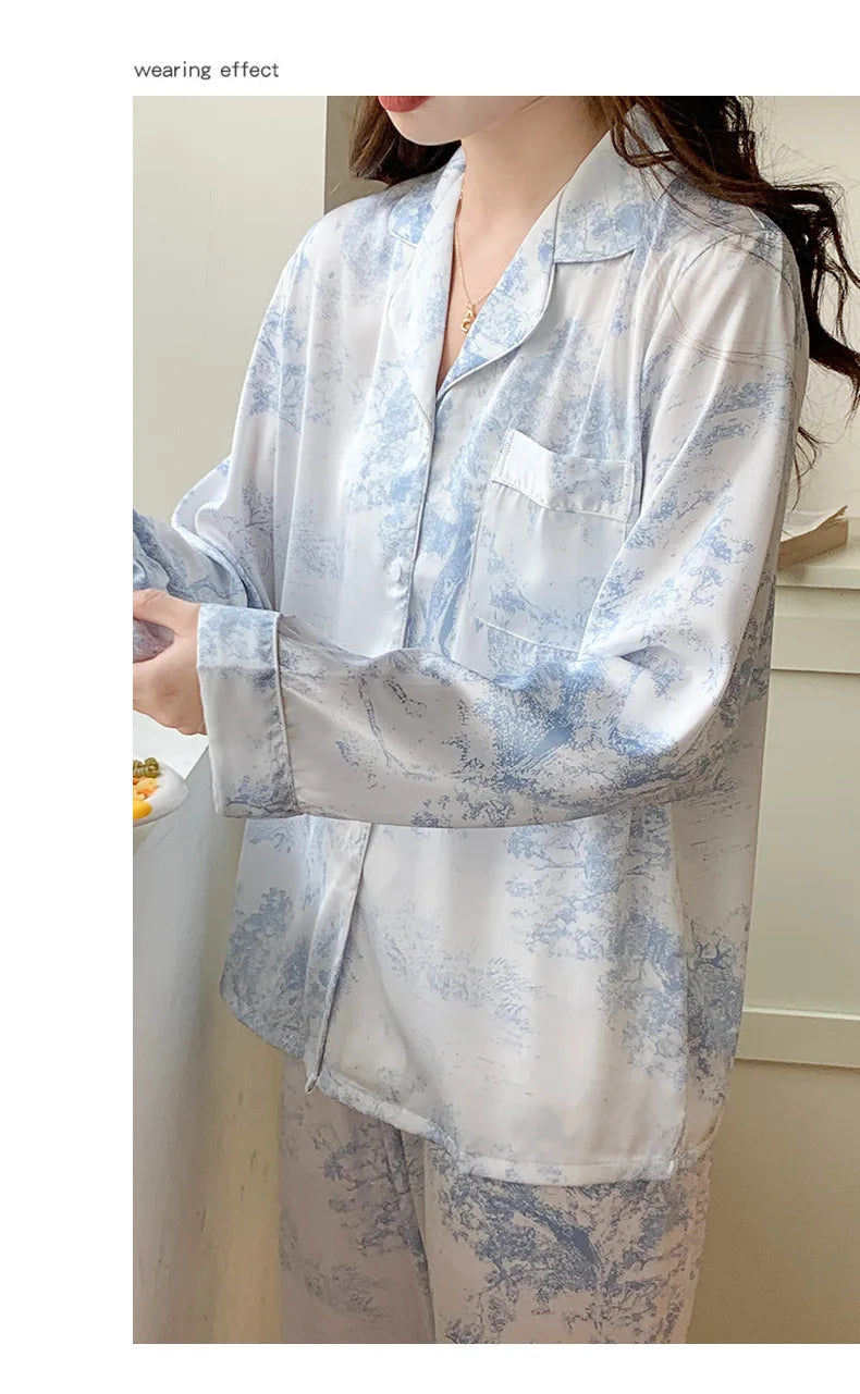 Women Sleepwear 2PCS Pajamas Set Sexy Print Flower Long Sleeve Trouser Suits Loungewear Loose Casual Satin Home Clothes Pyjama