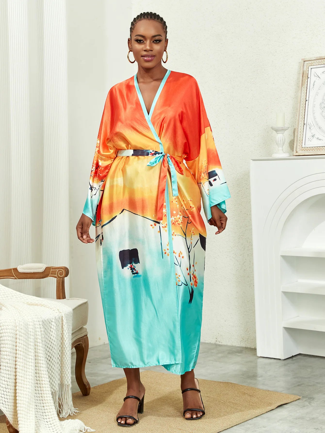 Long Kimono Bath Robe Gown Wide Sleeve Print Flower Robe Women Satin Nightgown New Silk Satin Nightdress V-Neck Lounge Sleepwear