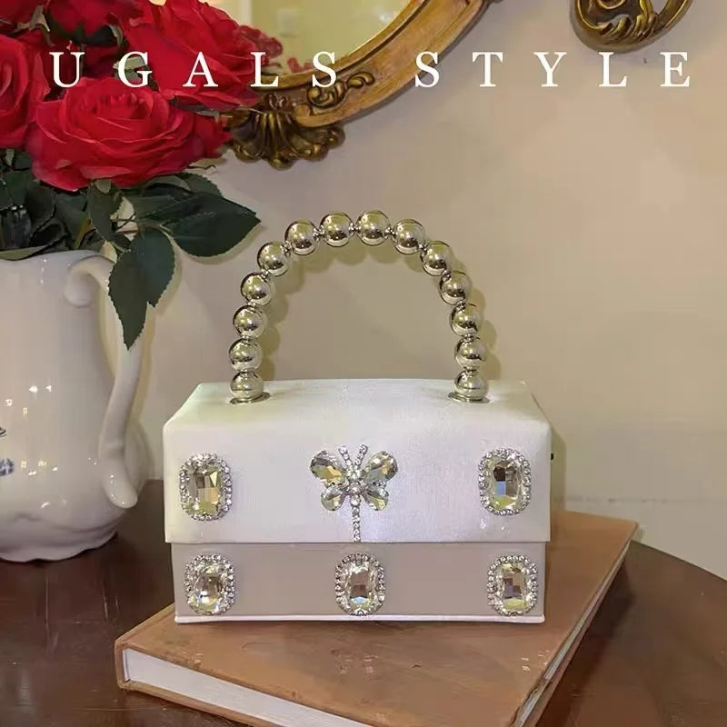 Luxury Designer Satin Square Box Crystal Shiny Diamonds Evening Bag Women's Handbag Wedding Party Clutch Purse Crossbody Bag