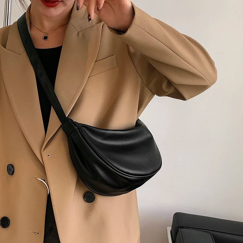 Half Moon Small PU Leather Zipper Crossbody Bags For Women Solid Color Shoulder Handbags 2025 Trends Winter Luxury Brand