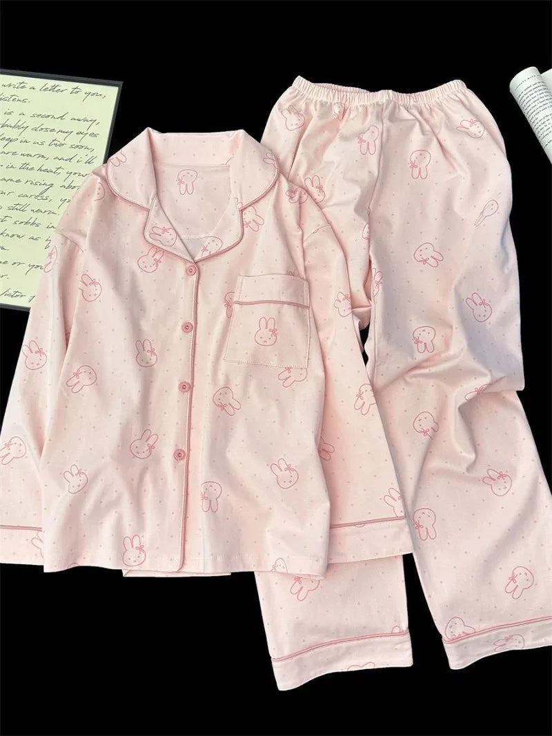 Cute Miffy Sleepwear Set for Women Soft Cotton Long Sleeve Pajamas with Adorable Rabbit Cozy Home Clothes Spring & Autumn
