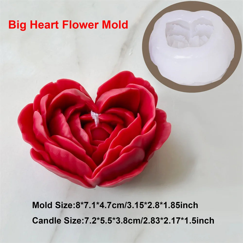 Peony Flower Candle Mold DIY Bud Flower Petal Resin Casting and Soap Making Molds 3D Heart Rose Floral Mold for Home Decor Gift