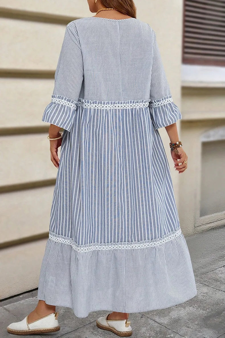 GIBSIE Plus Size Striped O-Neck 3/4 Sleeve Loose Dress Women Summer Casual Style Vacation Ladies Maxi Long Dresses