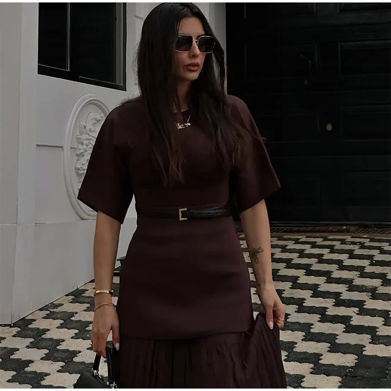 Chic Splicing Brown Half Sleeve Maxi Dress Women's Casual Pleated A-line Slim Vestidos Female Office Commute Street Robes