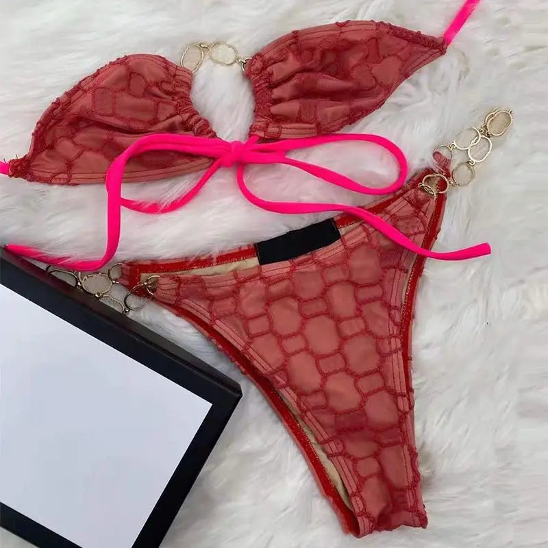 Summer New Women's Outdoor Beach Swimsuit Sexy Hanging Neck Strap Split Bikini