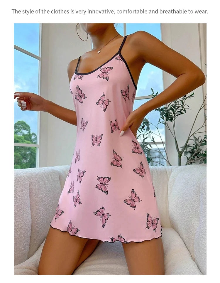 Women's Sleepwear Butterfly Print Lettuce Trim Nightdress Casual Round Neck Backless Mini Slip Dress Soft Comfortable Nightwear