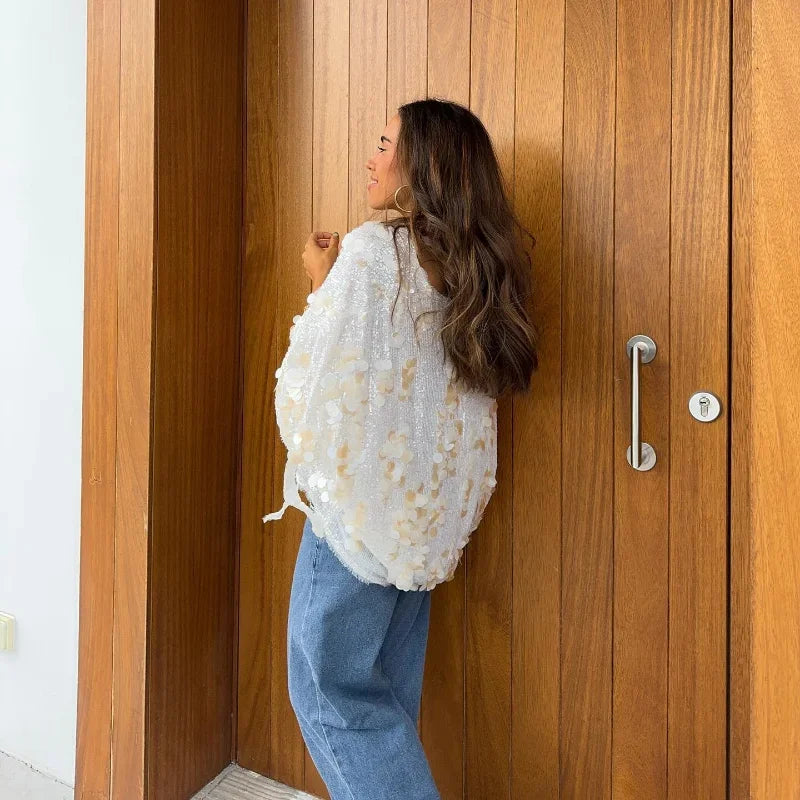 Fashion Women Sequined Lace Up Looseen Shirt Casual Female Long Sleeves V Neck Blouse 2025 Chic Female Spring Commute Streetwear