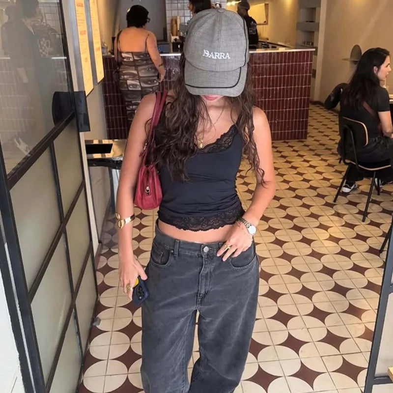 Tossy Black Lace Tank Top For Women V-Neck Backless Streetwear Spaghetti Patchwork Cropped Y2k Top Female Sexy Lace Vest 2026