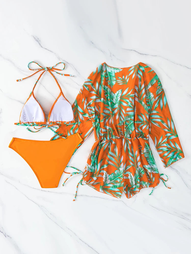 New 3 Piece Bikini Set Plus Size Swimsuit Women Long Sleeve Cover Up Print Halter Swimwear Beach Wear Sexy Bathing Suit 3XL