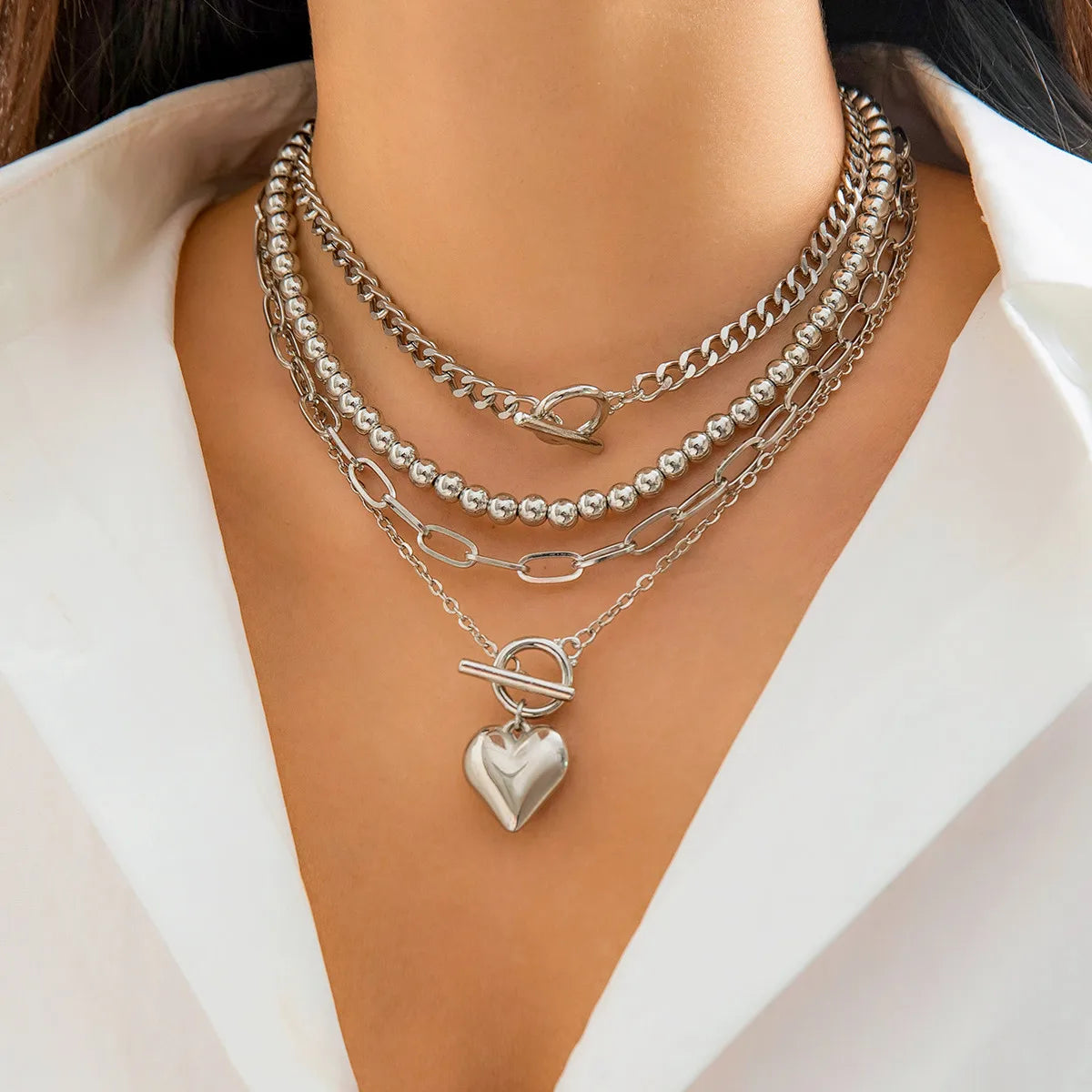 4Pcs/Set Punk Gold Color Heart Pendant Necklace for Women 2024 Trendy OT Buckle Beaded Neck Chain Choker Y2K Jewelry Accessories