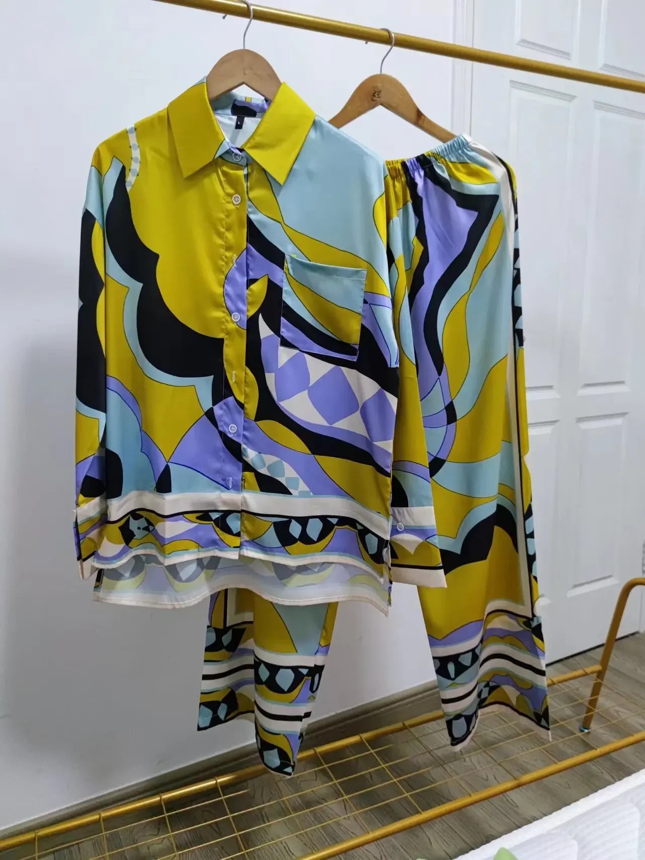 Print Women's Pajama Set Oversize Green Ladies Summer Sleepwear Trouser Suit Long Sleeve Vintage