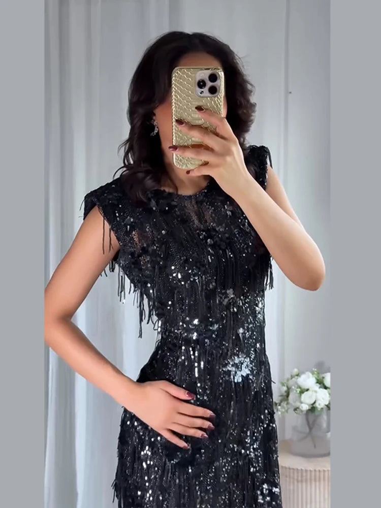 Women Dress Female Clothing Evening Dresses Sleeveless Sequin Dress Sexy Mini Dresses Fringe Hem Gown Trendy Party Clothes