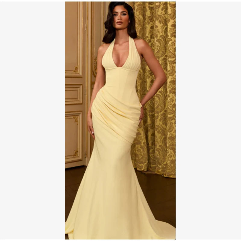 Sexy Yellow Mermaid Maxi Dress Halter Plunging V Neck Pleated Bust Ruched Waist Bodycon Dresses Trendy Social Gathering Vestido