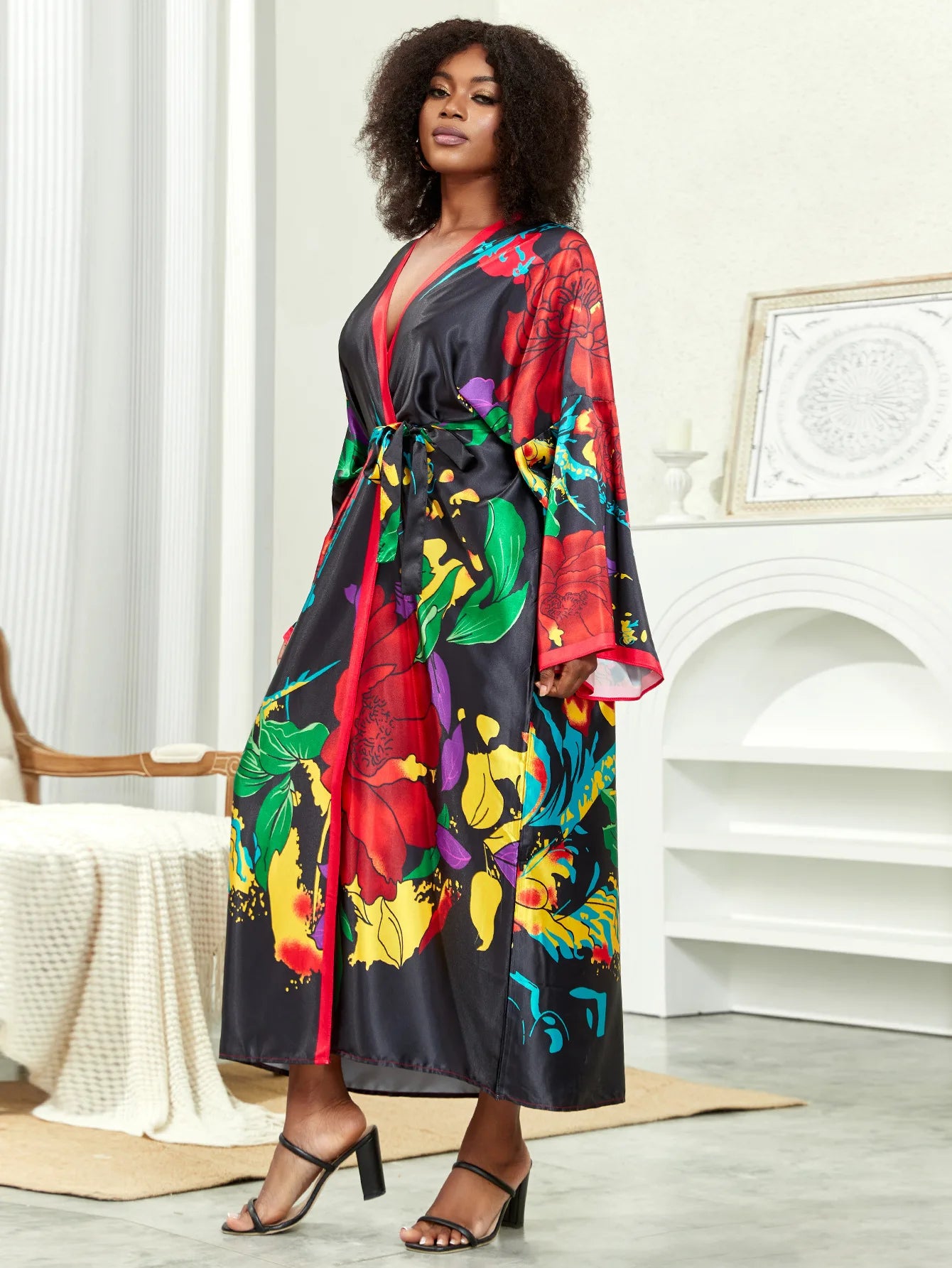 Long Kimono Bath Robe Gown Wide Sleeve Print Flower Robe Women Satin Nightgown New Silk Satin Nightdress V-Neck Lounge Sleepwear