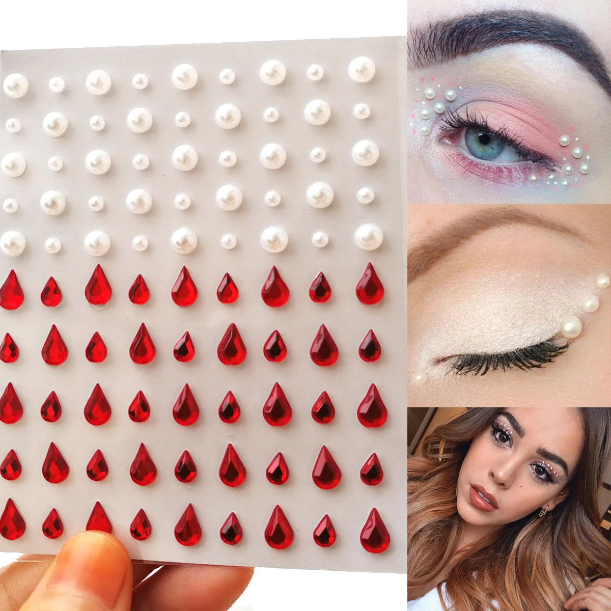 3D Eyes Face Makeup Temporary Tattoo Self Adhesive Beauty White Pearl Jewels Stickers Festival Body Art Decorations Nail Diamond