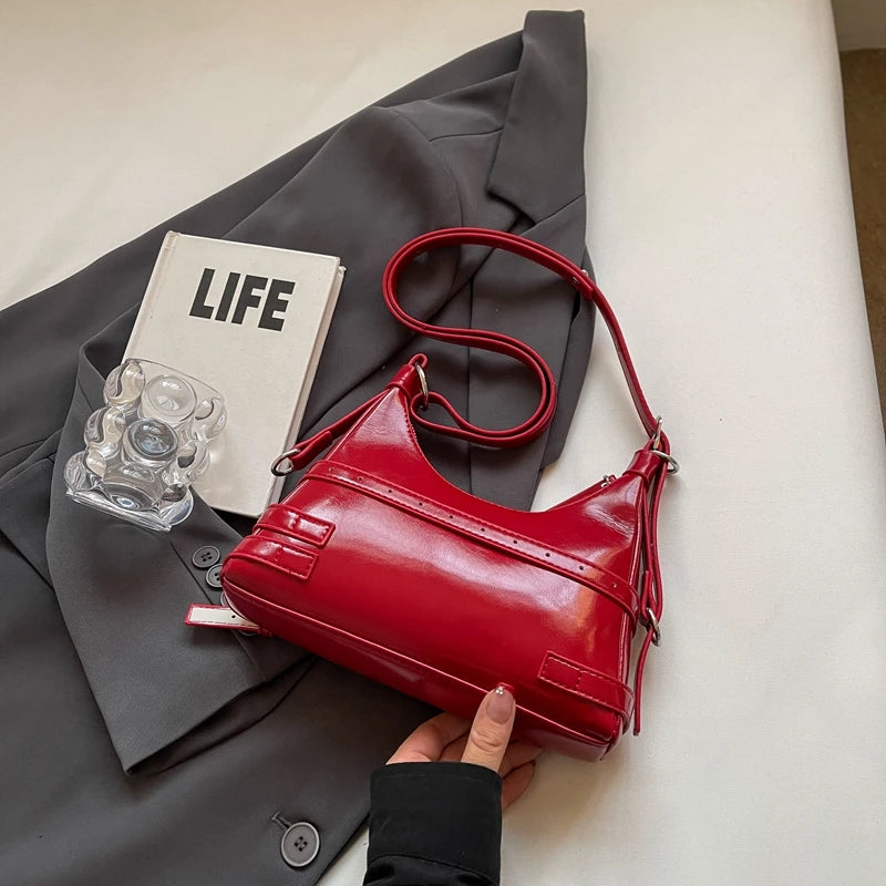 LEFTSIDE Belt Design Small PU Leather Shoulder Bags for Women 2025 Y2K Korean Fashion Crossbody Bag Lady Red Handbags and Purses