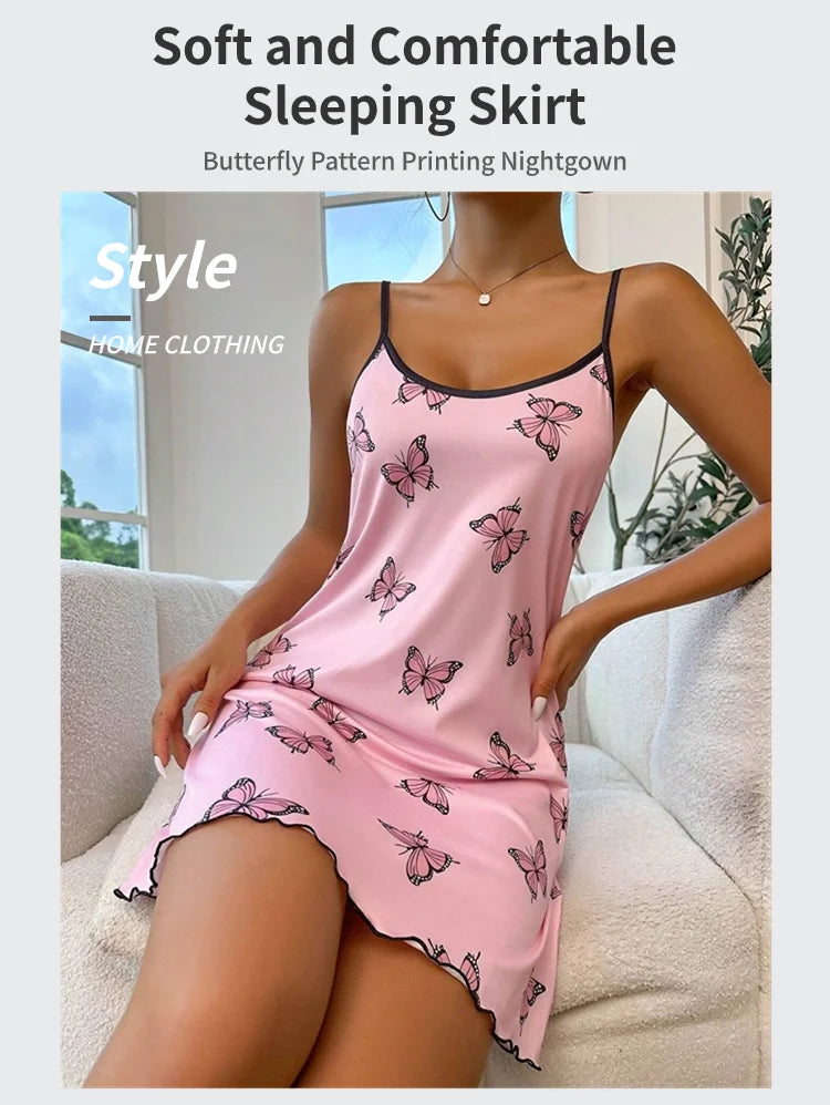 Women's Sleepwear Butterfly Print Lettuce Trim Nightdress Casual Round Neck Backless Mini Slip Dress Soft Comfortable Nightwear